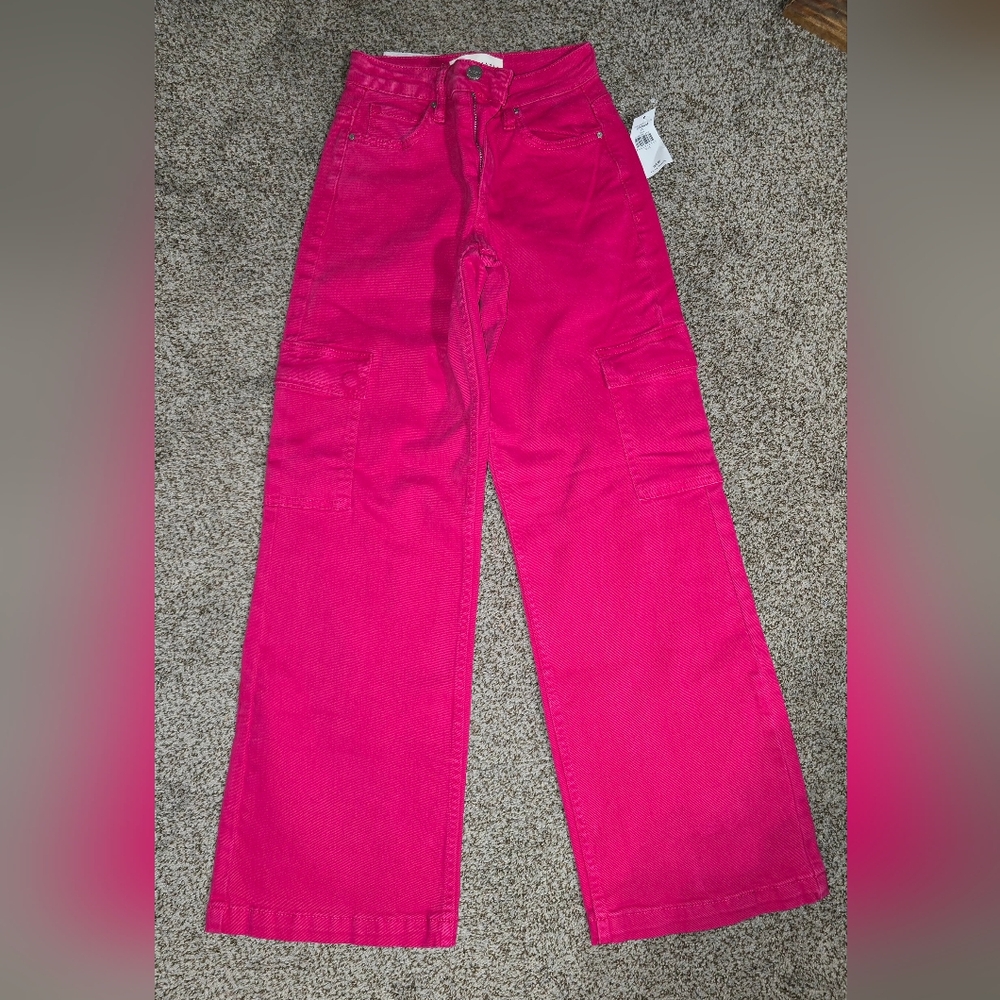 High-Waist Wide Leg Cargo Jeans - Hot Pink